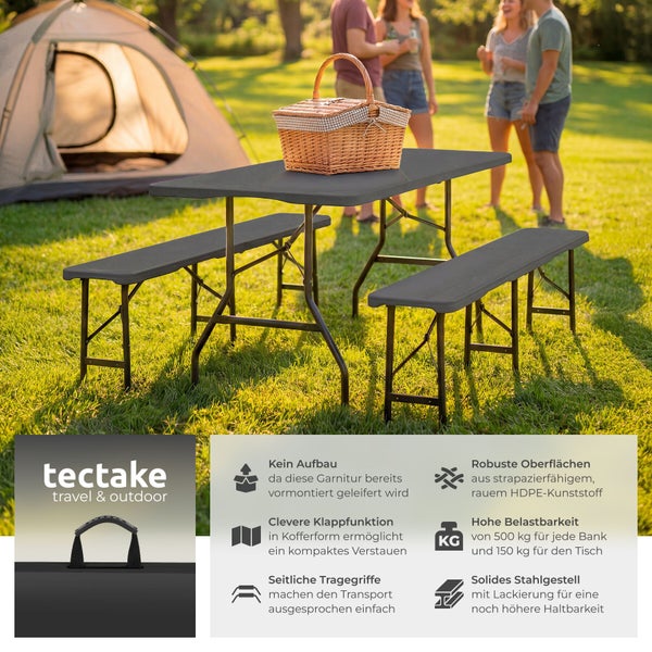 Klappbare Bierzeltgarnitur von tectake beim Camping auf einer Wiese. Set aus Tisch und zwei Bänken mit Stahlgestell und hoher Belastbarkeit.
