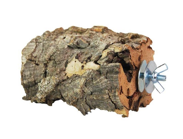 Naturkork-Sitzstange für Vogel- oder Nagetierkäfige mit Metallflügelmutter und Unterlegscheiben-Befestigung.