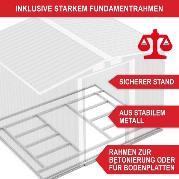Inklusive stabilem Metall-Fundamentrahmen für einen sicheren Stand, geeignet zum Einbetonieren oder für Bodenplatten.
