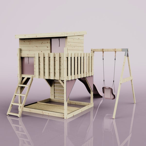 Kinderspielturm aus naturbelassenem Holz mit Spielhaus auf Stelzen, Rutsche, Schaukel, Leiter und integriertem Sandkasten.
