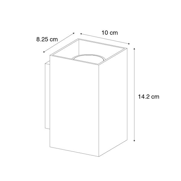 Skizze einer Wandleuchte mit Maßangaben: 10 cm breit, 8,25 cm tief und 14,2 cm hoch.