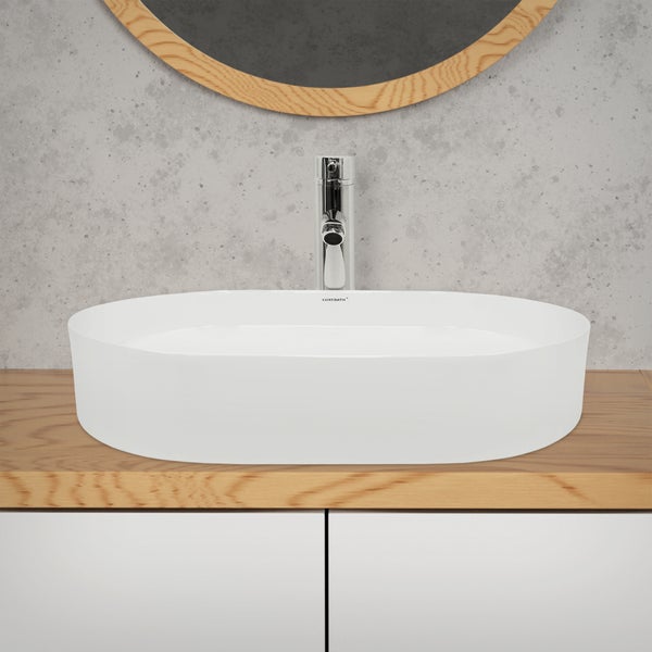 ECD Germany Waschbecken Waschtisch 605x380x125 mm aus Keramik Oval Weiß - Aufsatzbecken Aufsatzwaschbecken Handwaschbecken Aufsatzwaschtisch Spülbecken Becken Wasserfall Waschschale Waschschüssel