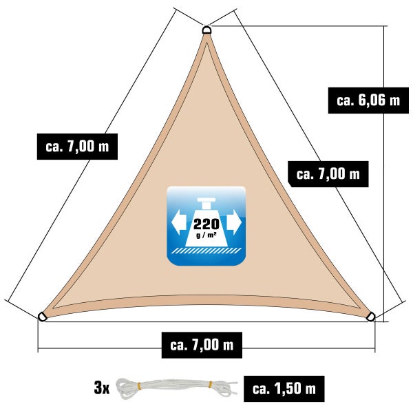 AMANKA 7x7x7 UV Sonnensegel Dreieckig Atmungsaktiv - Dreieck Sonnenschutz Segel mit Edelstahl Befestigung