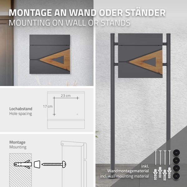 Moderner Briefkasten mit Holzdekor für Wand oder Ständer, inklusive Montagematerial und Skizze für 17 mal 23 Zentimeter Lochabstand.