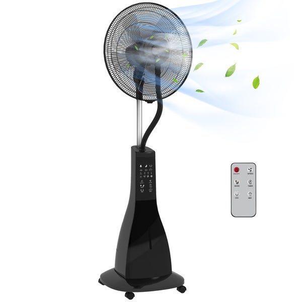 Standventilator mit Sprühnebelfunktion, Digitalanzeige und Fernbedienung, fahrbar auf Rollen.