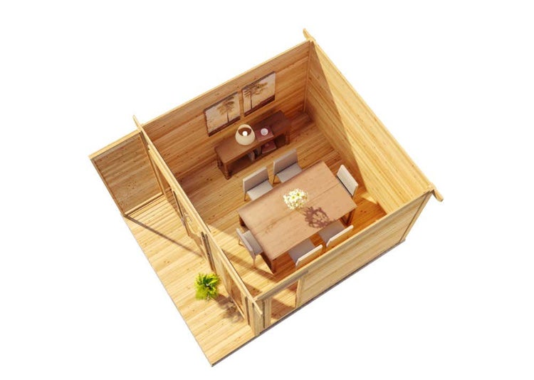 Innenansicht eines Gartenhauses aus Holz mit Esstisch, Stühlen, Sideboard und Wandbildern. Helle und organisierte Einrichtung.