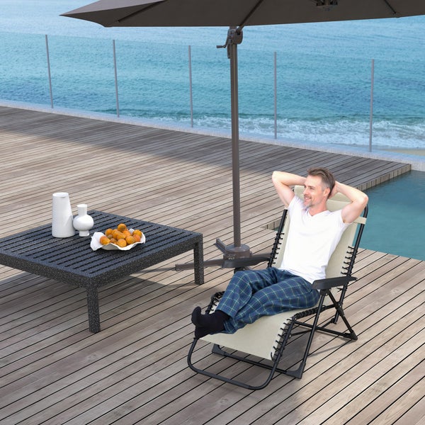 Outsunny Sonnenliege klappbar Gartenliege mit Kopfkissen, Liegestuhl mit 5-Fach verstellbare Rückenlehne, wetterfeste Campingliege, Gartenstuhl bis 120 kg belastbar, für Garten Outdoor Strand, Beige