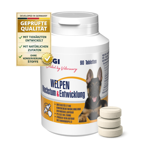 Dose mit 90 Tabletten für Welpenwachstum und Entwicklung, mit Tierärzten entwickelt, natürliche Inhaltsstoffe, geprüfte Qualität, ohne Konservierungsstoffe.