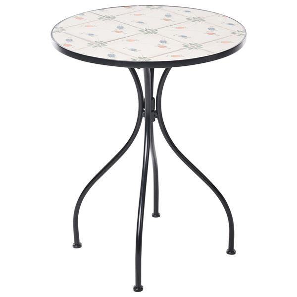 Runder Bistrotisch mit gemusterter Mosaik-Tischplatte und schwarzem Metallgestell.