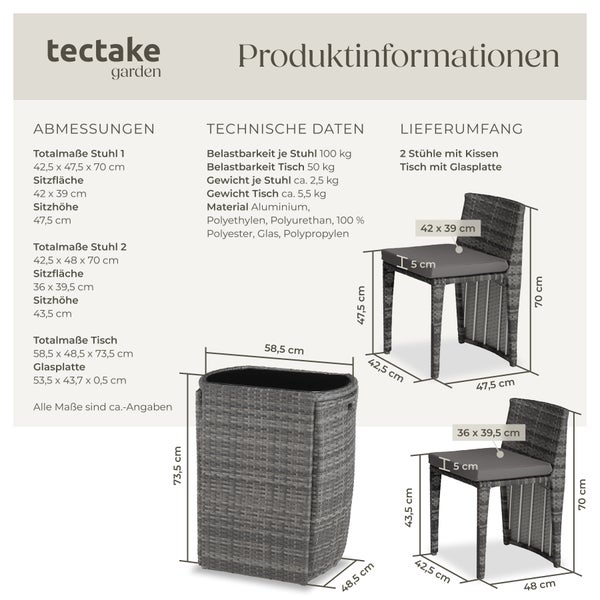 Rattanset tectake Hamburg zusammenschiebbar mit Aluminiumgestell grau