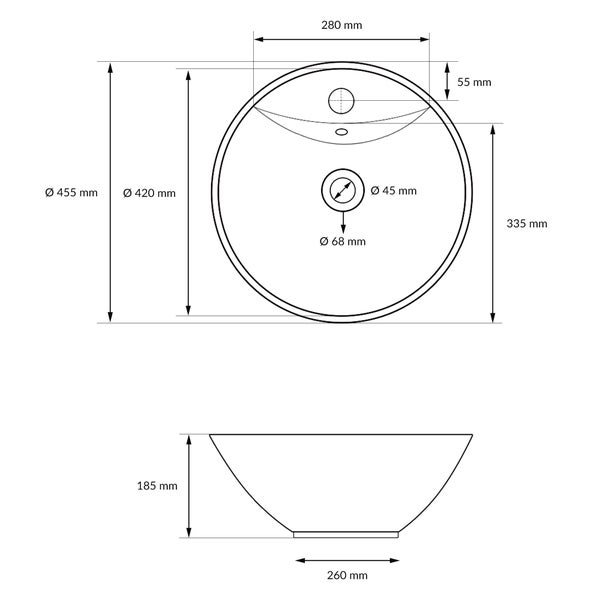 ECD Germany Design Waschbecken Waschtisch Ø 455 x 185 mm inkl. Ablaufgarnitur für Waschbecken mit Überlauf - Keramik Rund Weiß Aufsatzbecken Aufsatzwaschbecken Waschschale Aufsatzwaschtisch Spülbecken