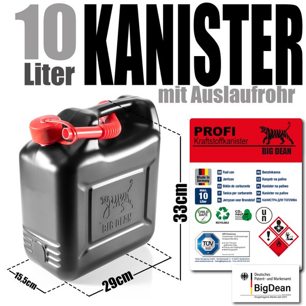 BigDean Benzinkanister 10L mit UN-Zulassung & flexiblem Auslaufrohr - Kraftstoffkanister für Benzin & Diesel - handlicher Kanister Dieselkanister Reservekanister – im Tiger-Design Made in Germany