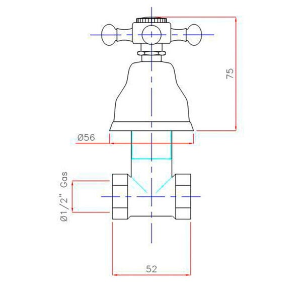 Technische Zeichnung eines Ventils mit Kreuzgriff und Rosette, inklusive Maßangaben von 75 Millimetern Höhe und 52 Millimetern Breite.