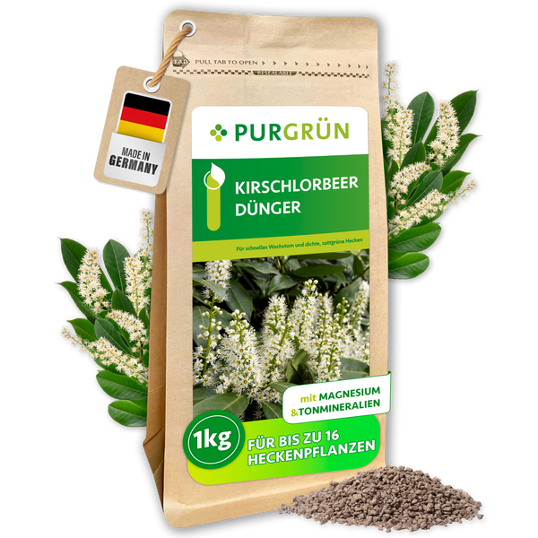 Ein fröhlicher Gärtner mit Hut neben einer Packung Purgrün Kirschlorbeerdünger mit Tonmineralien für dichtes Wachstum und leuchtende Blätter.