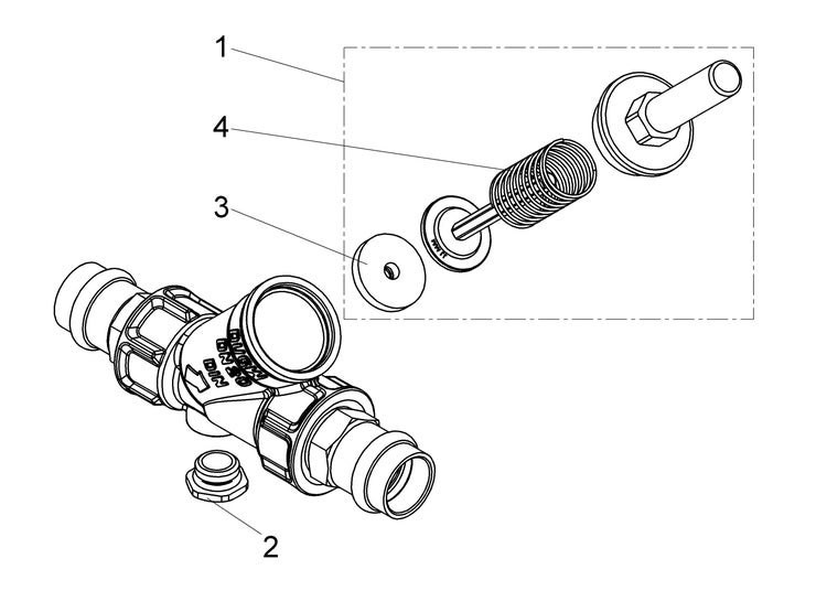 Explosionszeichnung einer Ventilbaugruppe mit Gehäuse, Feder und Dichtung, nummeriert von eins bis vier für die Montage.