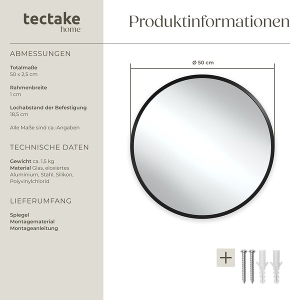 Runder Wandspiegel  tectake Fiona integrierte Befestigungshaken Ø 50 cm schwarz