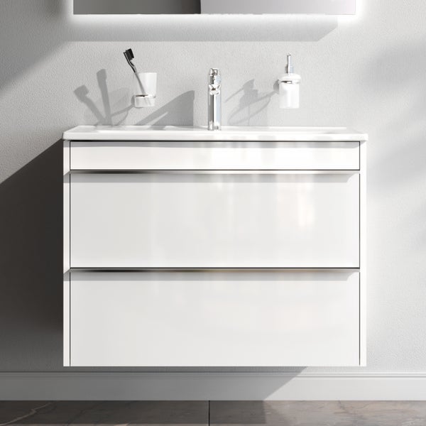 Waschbeckenunterschrank mit zwei Schubladen, Armatur, Seifenspender und Zahnputzbecher