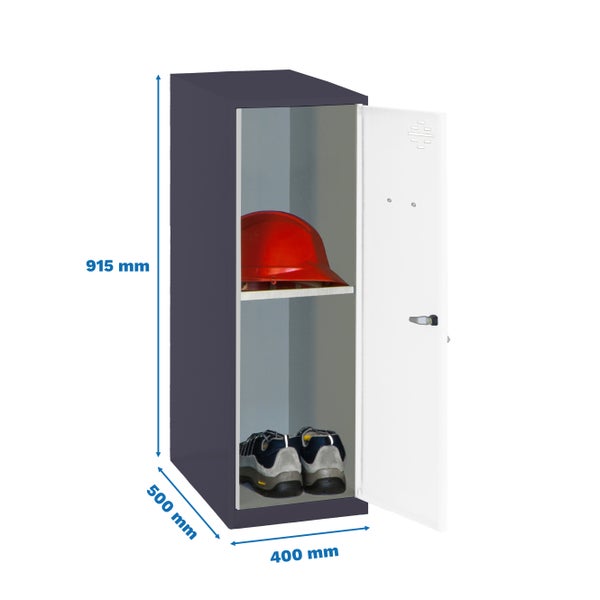 Werkstattschrank mit Helm und Schuhen, Abmessungen 915 mm x 500 mm x 400 mm