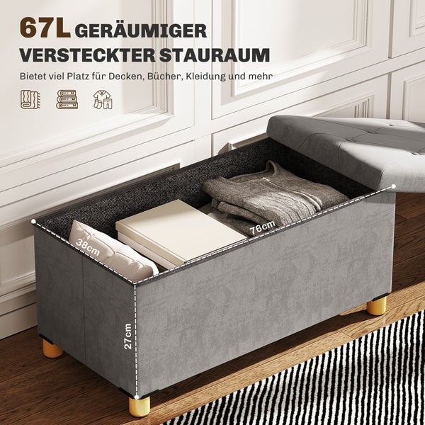 HOMCOM Sitzbank mit Stauraum faltbar Polsterbank mit Samtoptik, Sitztruhe mit Beine, Truhenbank für Wohnzimmer Schlafzimmer Flur 76 x 38 x 38 cm, Grau