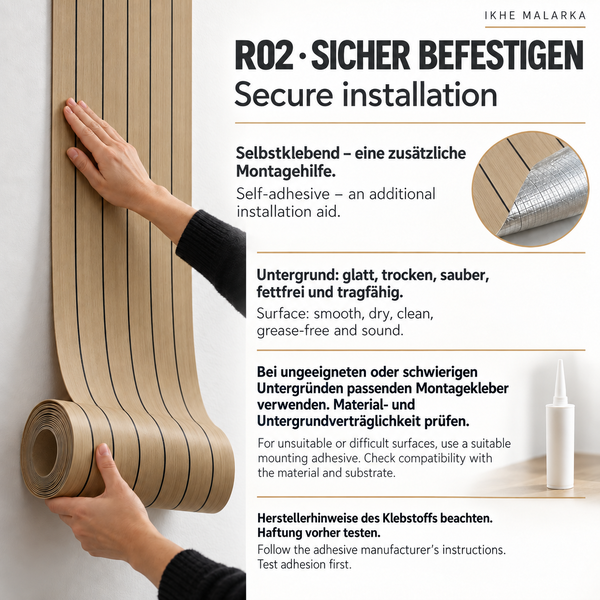 Infografik zur Montage von selbstklebenden Wandpaneelen in Holzoptik mit Hinweisen zu Untergrundbeschaffenheit und Klebstoffanwendung.