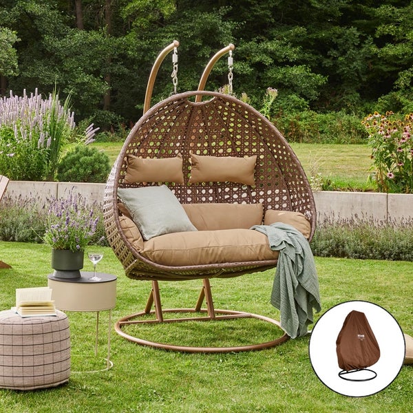 Home Deluxe - Hängesessel TWIN - Braun, Höhe 195 cm - inkl. Regenabdeckung, Gestell, Sitz- und Rückenkissen I Polyrattan Hängestuhl Gartenschaukel Hängekorb
