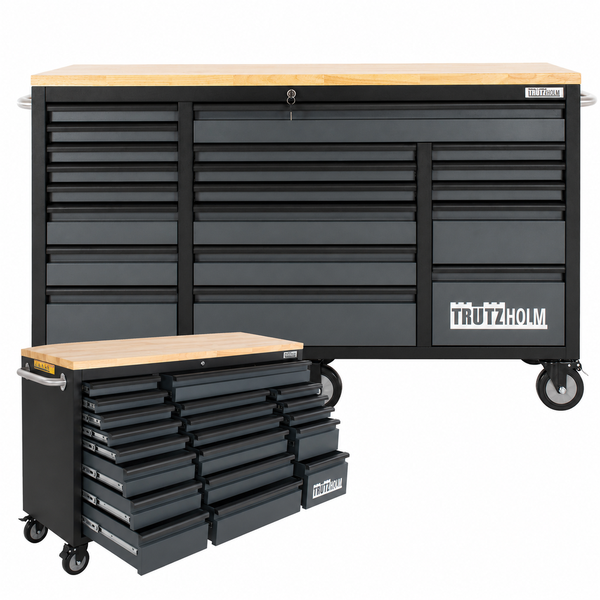 Trutzholm Werkstattwagen mit Holz-Arbeitsplatte, zahlreichen Schubladen und Rollen.