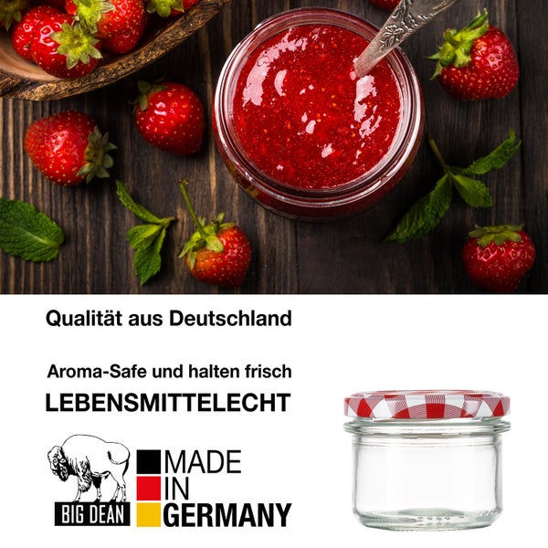 Einmachglas mit Erdbeermarmelade, Erdbeeren, Big Dean Logo und Made in Germany Siegel