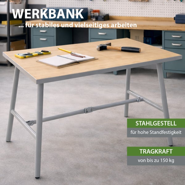 Werkbank mit Holzplatte und Stahlgestell für hohe Standfestigkeit in einer organisierten Werkstatt, Tragkraft bis zu 150 Kilogramm.