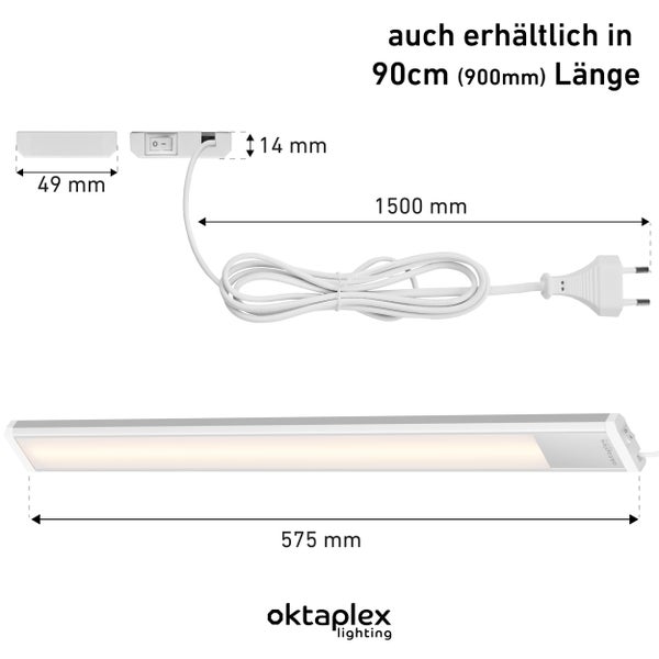 Riva LED Unterbauleuchte flach 57,5cm neutralweiß 4000K silber mit Schalter Unterschranklampe Küche