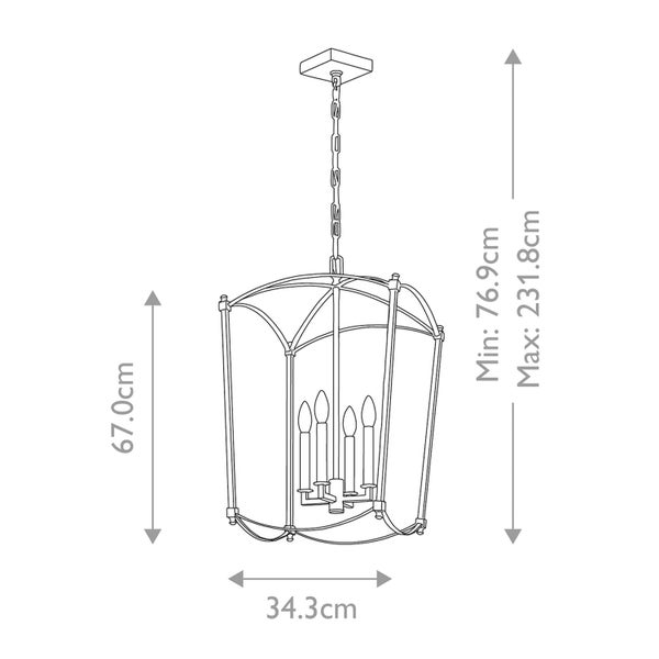 Abbildung einer Pendelleuchte mit den Maßen 67,0 cm Höhe, 34,3 cm Breite und einer minimalen bis maximalen Abhänghöhe von 76,9 cm bis 231,8 cm.