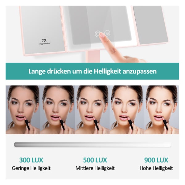 EMKE Kosmetikspiegel mit LED Beleuchtung 315 x 180 x 233 mm, Dimmbar, Touch-Schalter, 5x/7x Vergrößerung, Dreifach Faltbar & Drehbar, Tragbarer, USB/Batterie, Rosa
