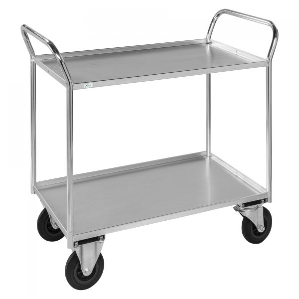 Servierwagen aus Edelstahl mit zwei Ablageflächen und Rädern