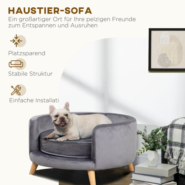 PawHut Hundesofa, Haustiersofa mit Samtoptik, Katzensofa mit Kissen, Hundebett, Hundecouch mit Erhöhtem Design, Hundesessel mit Holzbeine, Grau, 68 x 68 x 35 cm