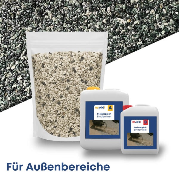 Steinteppich-Set für den Außenbereich bestehend aus Natursteinkörnung und zwei Kanistern Epoxidharz-Bindemittel.