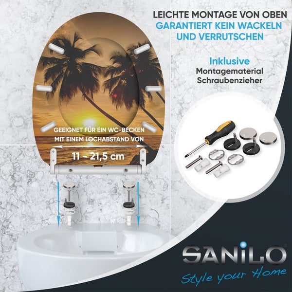 Sanilo WC Sitz mit Palmen Motiv und Montageanleitung für WC Becken mit Lochabstand 11 bis 21,5 Zentimeter inklusive Montagematerial und Werkzeug.