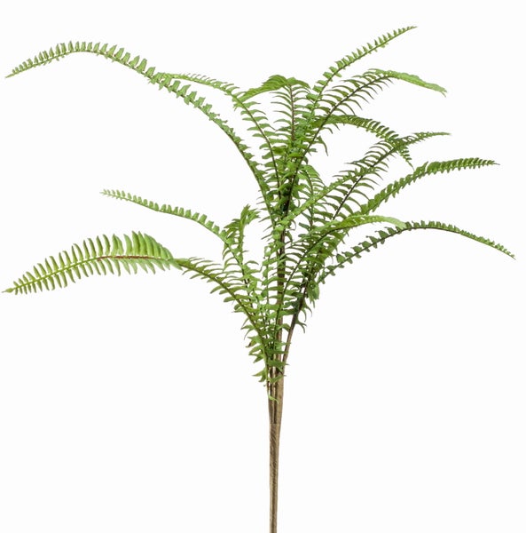 Künstlicher Farnzweig aus Kunststoff mit grünen Blättern und braunem Stiel.
