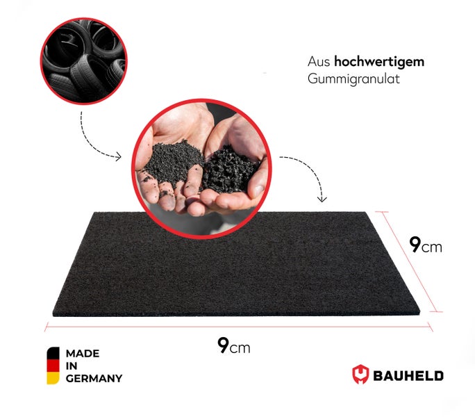 Quadratische Gummigranulatmatte neun mal neun Zentimeter aus hochwertigem Material zur Schwingungsdämpfung mit Bauheld Logo