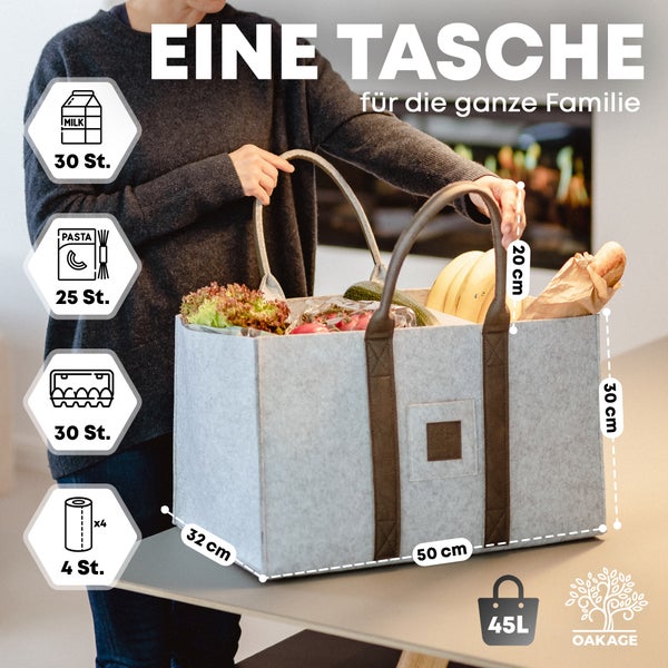 OAKAGE® DuoPack Hellgrau Holzkorb und Filzshopper - Dein Alltagsbegleiter - 50x32x30cm