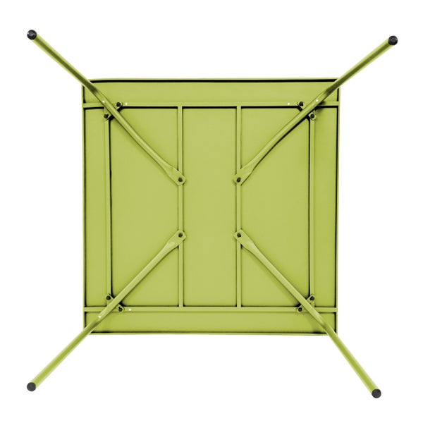 Unteransicht eines quadratischen grünen Metall-Gartentisches mit klappbarem Gestell.