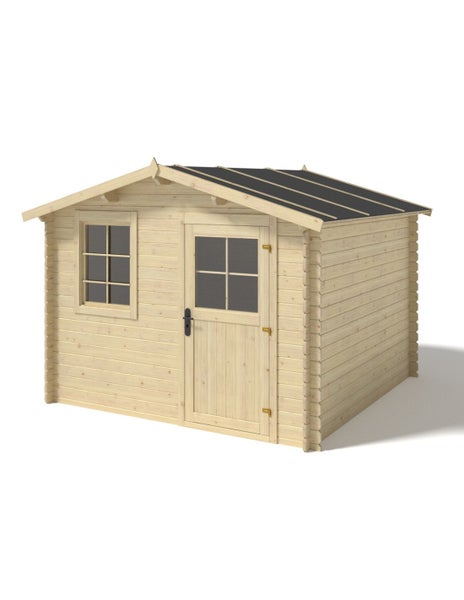 Gartenhaus aus Holz mit Satteldach, Tür und einem Fenster für die Aufbewahrung von Gartengeräten.