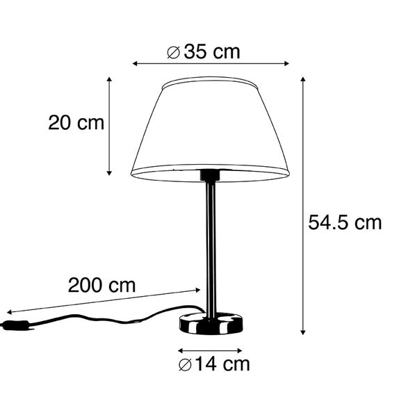 Maßzeichnung einer Tischleuchte: Gesamthöhe 54,5 Zentimeter, Schirmdurchmesser 35 Zentimeter, Fuß 14 Zentimeter und Kabellänge 200 Zentimeter.
