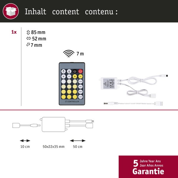 CT-Controller-Set mit Fernbedienung, Maße 85 mal 52 mal 7 Millimeter, 7 Meter Reichweite, inklusive Kabeln und 5 Jahre Garantie.