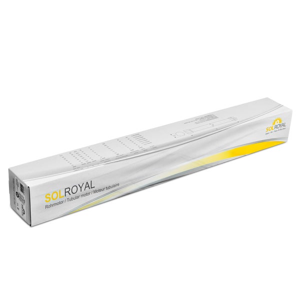 Produktverpackung eines SolRoyal Rohrmotors in einem weißen, länglichen Karton mit technischen Daten und SolRoyal Logo.