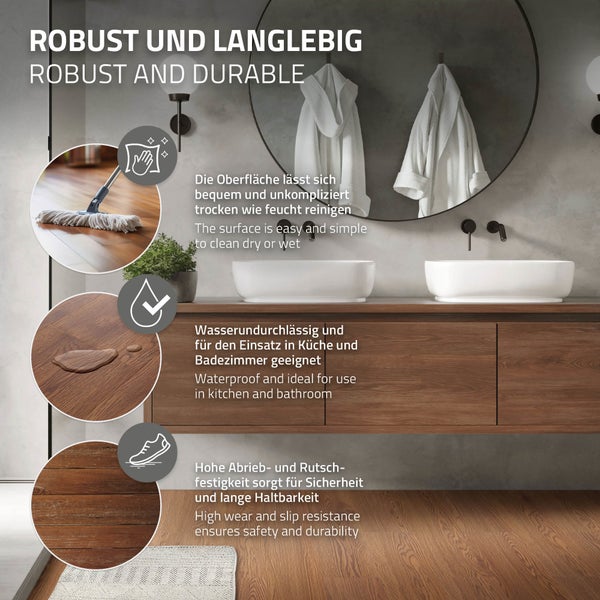 ML-Design Deluxe PVC Bodenbelag, Selbstklebende Vinyl-Dielen, Vinylboden, 91,5 cm x 15,3 cm x 2 mm, Dicke 2mm, 11,15m²/80 Dielen, Roteiche, Braun, Holzoptik, rutschfest, wasserfest, Einfache Verlegung