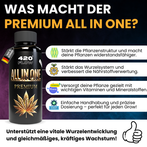 Infografik zum 420 Flow Premium All in One Pflanzendünger mit Produktvorteilen wie Stärkung der Wurzeln und Nährstoffversorgung.