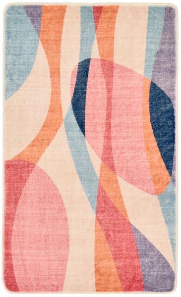 Moderner Teppich mit abstraktem Muster aus geschwungenen organischen Formen in verschiedenen Farben.