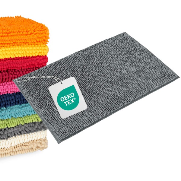 Badematte aus Chenille mit Oeko-Tex Zertifizierung für Schadstoffprüfung, rechteckig, weiche Noppenstruktur.