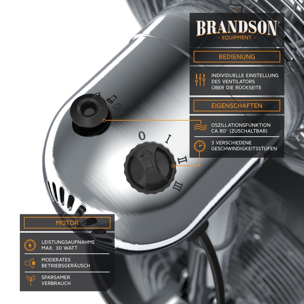 Brandson 30W Tischventilator Retro Style, Ventilator, Oszillation 80°, Neigungswinkel ca. 40°, 3 Geschwindigkeiten, Chrome Line