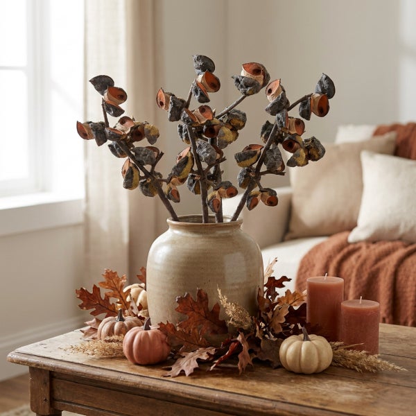 Herbstliche Tischdekoration mit Keramikvase, Trockenzweigen, kleinen Zierkürbissen und Stumpenkerzen auf einem Holztisch.