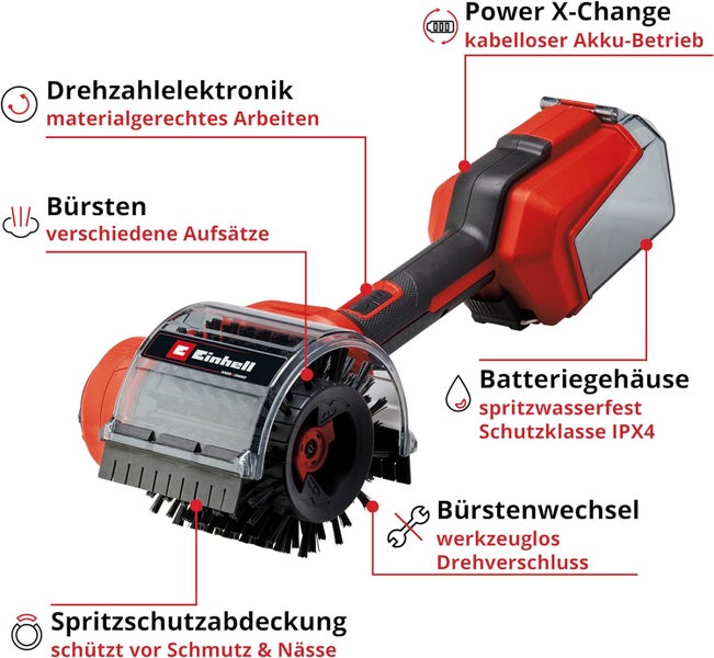 Einhell Akku-Oberflächenbürste mit Power X-Change System, Drehzahlelektronik, verschiedenen Bürsten, Spritzwasserschutz Schutzklasse IPX4, werkzeuglosem Bürstenwechsel und Spritzschutz.